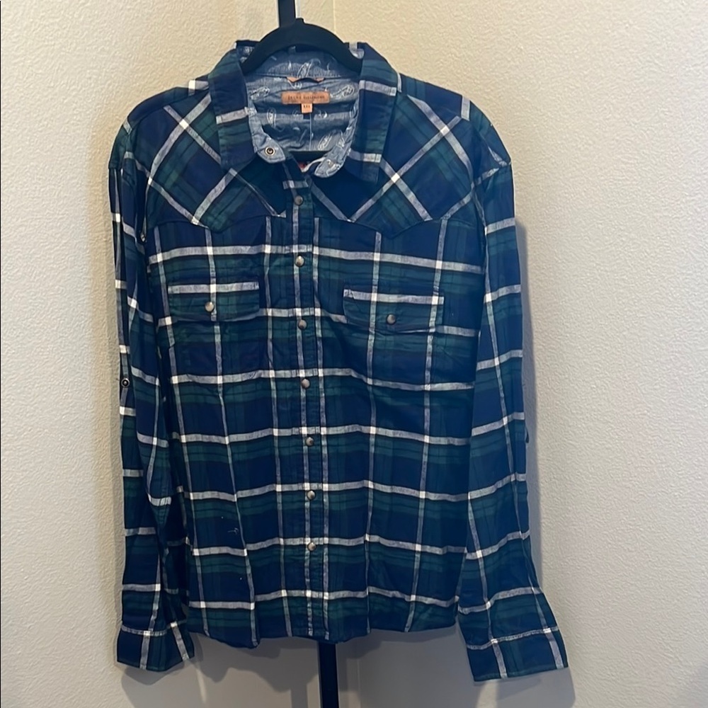 JACHS Girlfriend Navy and Green Plaid Shirt